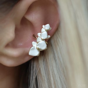 Orchid Flower Ear Cuff | No Piercing 14K Gold Ear Cuff | Elegant Floral Jewelry For Her | Orchid Earring Cuff | White Gold Orchid Jewelry