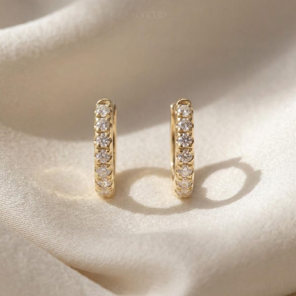 14K Gold Diamond Hoops, Dainty Minimalist Huggie Earrings, Everyday Jewelry, Hypoallergenic Stainless Steel