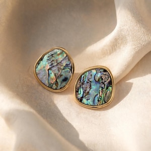 18K Gold Abalone Shell Earrings, Pearl Stud Earrings, Modern Statement Jewelry, Waterproof, Hypoallergenic Everyday Wear