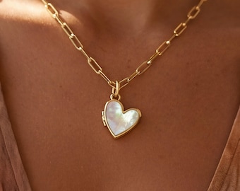 14K Gold Heart Locket Necklace, Photo Locket, Picture, Engravable, Paperclip, Dainty Gold Jewelry, Mother of Pearl, Personalized Gift