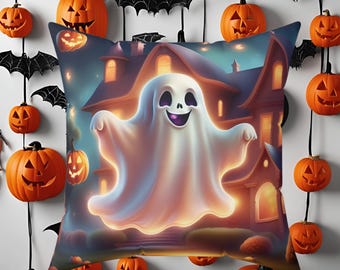 May include: A Halloween-themed decorative pillow featuring a friendly ghost in front of a haunted house. The pillow is surrounded by carved orange pumpkins and black bat decorations, creating a festive atmosphere.