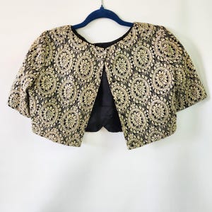 Mid-Century Kurze Brokat Jacke: Gold & Schwarz, Handmade Gr S-M