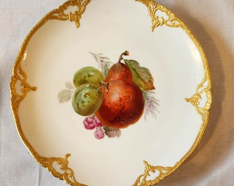 Antique KPM Berlin Plate, Fruit, ornate gold plated raised rim design, pear and plums, peach and cherries, rare