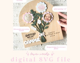 Enseigne photo fleur cueillie à la main de la mère SVG | Fichier numérique de la fête des mères | Cadeau pour maman | Fichier prêt pour le laser | Fichier SVG | Fichier cadeau photo