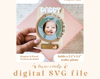 May include: A four-layer laser-cut SVG file for a wooden sign that says "Daddy Thank You For Giving Me The World!" with a globe design and a space for a 2.5" x 3.5" wallet photo. The sign also includes the text "World's Best Dad".