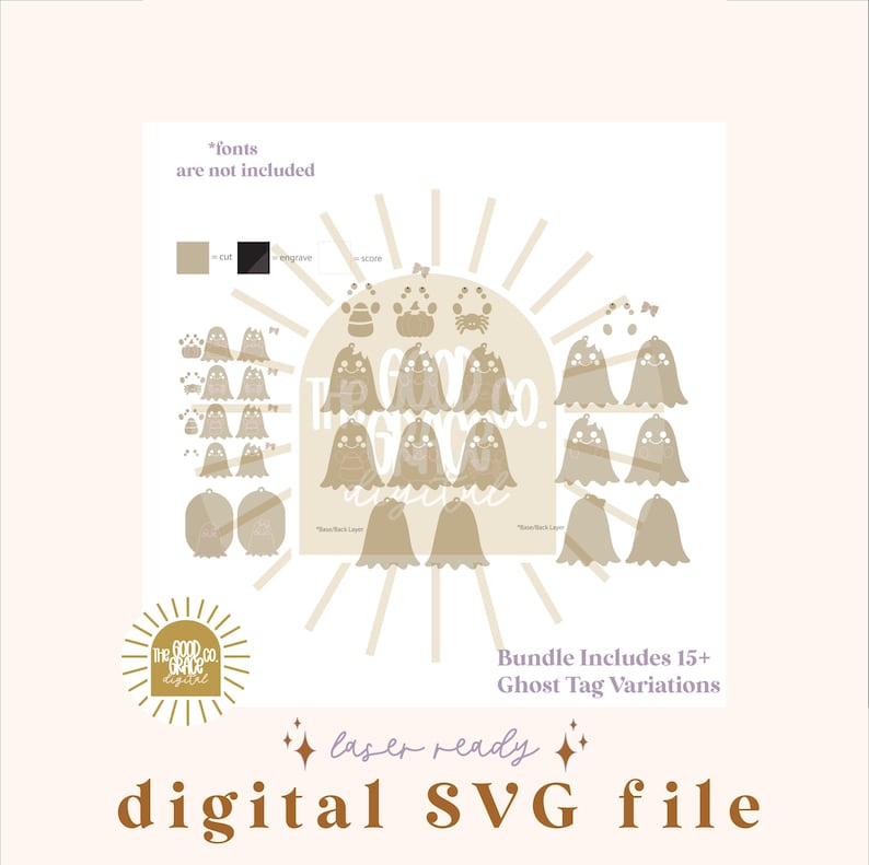 May include: A digital SVG file for laser cutting, featuring 15+ variations of ghost tags. The design includes a variety of ghost shapes and sizes, with different facial expressions and details. The file is labeled "laser ready" and "digital SVG file".
