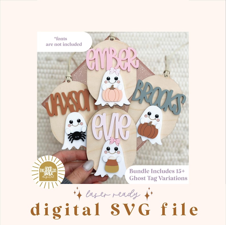 May include: A digital SVG file for a set of 5 personalized ghost-themed Halloween tags. The tags feature different names, including "Ember", "Brooks", "Evie", and "Wason", and each ghost has a different accessory, such as a pumpkin, spider, candy corn, or bow. The text "Bundle Includes 15+ Ghost Tag Variations" is also included in the image.