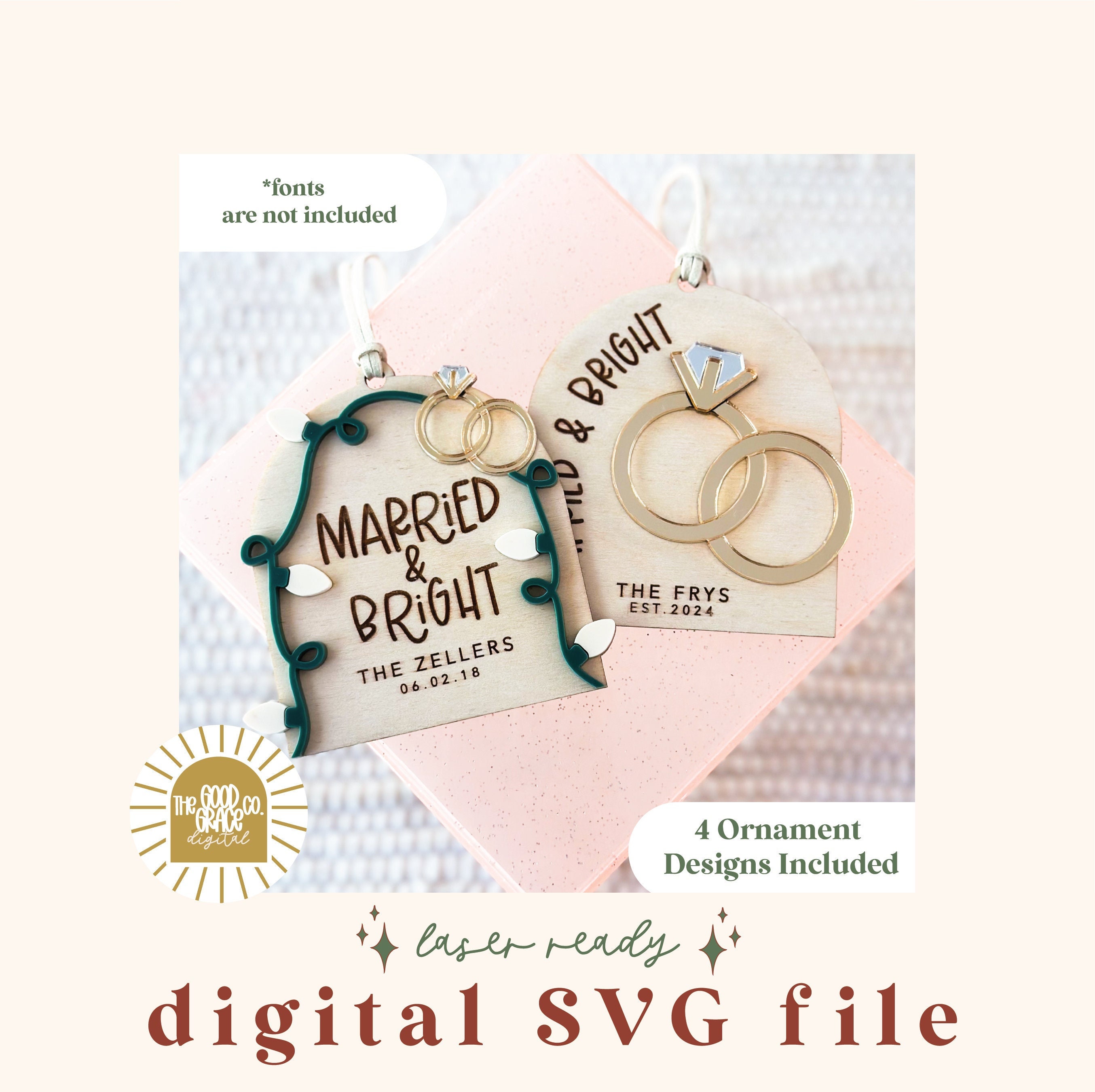 SVG Married & Bright Ornament File Bundle | Christmas Ornament SVG | Married Ornament SVG | Wedding Ornament File
