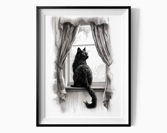 Black Cat At The Window Art Print, Funny Cat Poster, Cute Kitten Illustration, Cat Lover Gift, Cat in the Window, Printable Wall Art - C124