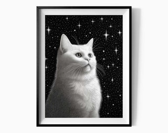 Weiße Katze mit Sternen, Druck für Mädchenzimmer, Weiße Katze, Poster für Mädchenzimmer, Weiße Katze, Geschenk für Katzenliebhaber - C91