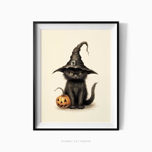 Witch Black Cat Digital Wall Art Print, Vintage Poster, Dark Academia, Art Poster Print, Gothic Victorian, Black Cat Art, Witchy Decor /C120
