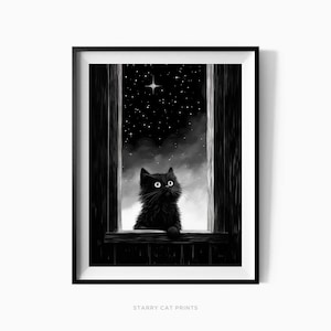Stampa di gatto carino dagli occhi stellati, poster di illustrazione di gattino carino, regalo per gli amanti dei gatti, stampa di gatti divertenti, arte del gatto nero, poster di decorazioni per la casa unici /C219