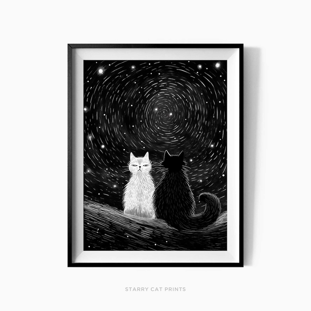 Japanese Black Cat And White Cat Poster Japanese Cat Art Print Black japanese-black-cat-and-white-cat-poster-japanese-cat-art-print-black