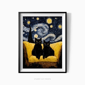 Zwarte katten in Van Gogh&#39;s nacht digitale Wall Art Print, sterrenhemel katachtigen illustratie, grappige kat poster, kat minnaar cadeau, unieke posters - C81