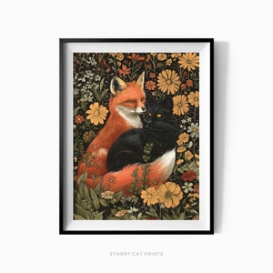 May include: A digital illustration of a fox and a black cat cuddling in a field of flowers. The fox is orange and white, and the cat has green eyes. The flowers are yellow, orange, and red.