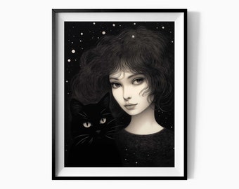 Girl & Her Feline Wall Art Print, Black Cat and Woman Portrait Illustration, Cat Lover Gift, Printable Wall Art, Digital Download - C139