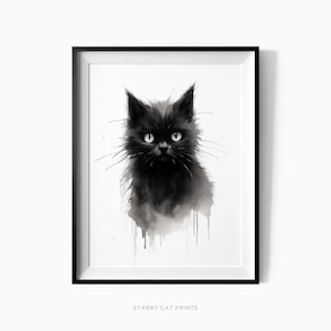 Black Cat Watercolor Print, Black Cat Art, Cat Wall Art, Black Cat Gift, Japanese Cat Poster, Black and White Art, Cat Home Decor - C159