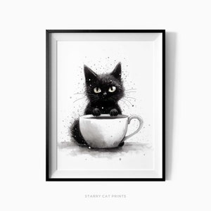 Amante del gato y el café, lindo gato impresión de gato arte de la pared del café encantadora pintura de gato de gato mamá regalo, decoración de la cocina, carteles únicos - C34