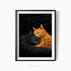 Liebe Katzen Wand Kunst Druck, rote Katze und schwarze Katze Poster, sternenklare Ruhe, süße Kätzchen Illustration, Geschenk Katzenliebhaber - C197