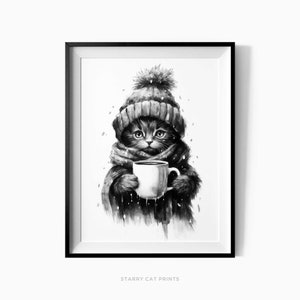 Winter Cute Cat Coffee Christmas Painting Digital Art, Funny Cat Poster, Kitchen Wall Decor, Cute Kitten Illustration, Cat Lover Gift - C218