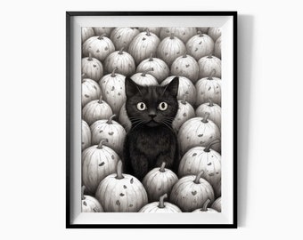 Impression de sorcière d'Halloween chat noir mignon, art mural Halloween imprimable, impression murale Halloween neutre, chat noir parmi les citrouilles poster / C22