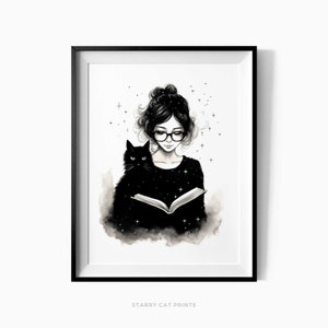 猫と女の子のアートプリント、美しい室内装飾、読書アートプリント、黒猫のポスターを持つ女性、かわいい子猫のイラスト、猫好きのギフト /C194