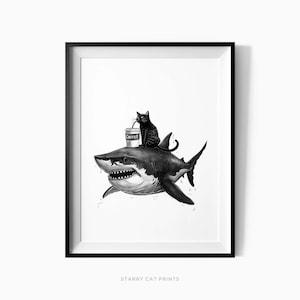 Arte único de la pared amante del café, gato negro sobre tiburón, decoración de cocina retro, cartel de gato divertido, carteles de café bistró, Un Cafe Sil Vous Plait /C341