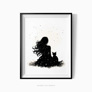 Katze und Frau Kunstdruck, Sternenhimmel Poster, Niedliches Kätzchen Illustration, Geschenk Katzenliebhaber, Einzigartiges Wohndekor Poster - C226
