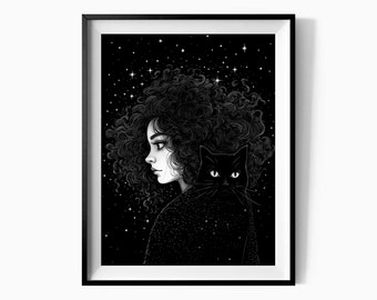 Black Cat and Curly Witch, Art Poster Print, Black and White Art, Dark Academia, Vintage Poster, Gothic Victorian, Wicca, Unique Decor /C170