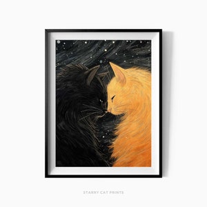 Stampa artistica da parete digitale gatto nero e gatto arancione, opera d'arte di gatti d'amore, illustrazione di gatto carino, poster di gatto nero e zenzero, regalo per amante dei gatti - C49
