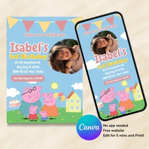 May include: A birthday invitation with the text "Isabel's 3rd Birthday" and a photo of a child. The invitation includes the address, RSVP details, and date. The design features Peppa Pig characters and a blue and yellow colour scheme.
