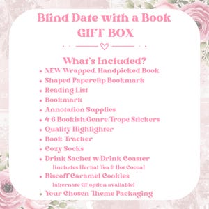 Book gift box curated as a mystery box for women with blind book date styling, book bundle presentation, reader gifts aesthetic, book lover gift box appeal, book mystery box concept, and gifts for bookworms theme, designed for blind date book lovers and cozy book date nights