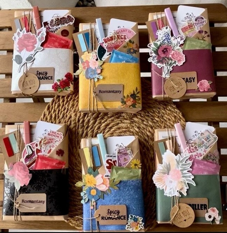 Blind Date with a Book gift for book lovers, featuring a mystery book in genres like romantasy, dark romance, thriller, sci-fi, or paranormal. Includes artfully gift-wrapped book, herbal tea, annotation tabs, highlighter, bookish stickers, a library-style reading list, and book tracker. Perfect surprise for booktok fans and those who love romantic, spicy, or fantasy reads. Ideal gift for readers, book clubs, or bookstagram lovers."