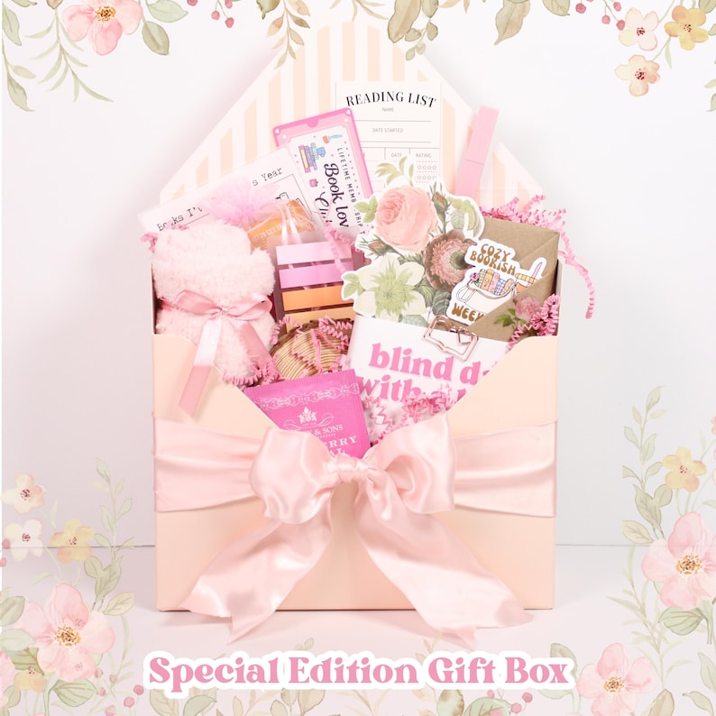 Bookish bundles displayed as blind date with a book box and book bundle gift set, featuring mystery book box styling, blind book date wrapping, book accessories book lover elements, and gifts for bookworms presentation for thoughtful book gift box shoppers for mom. Mother's Day book gift.  Book Lover Mom gift.