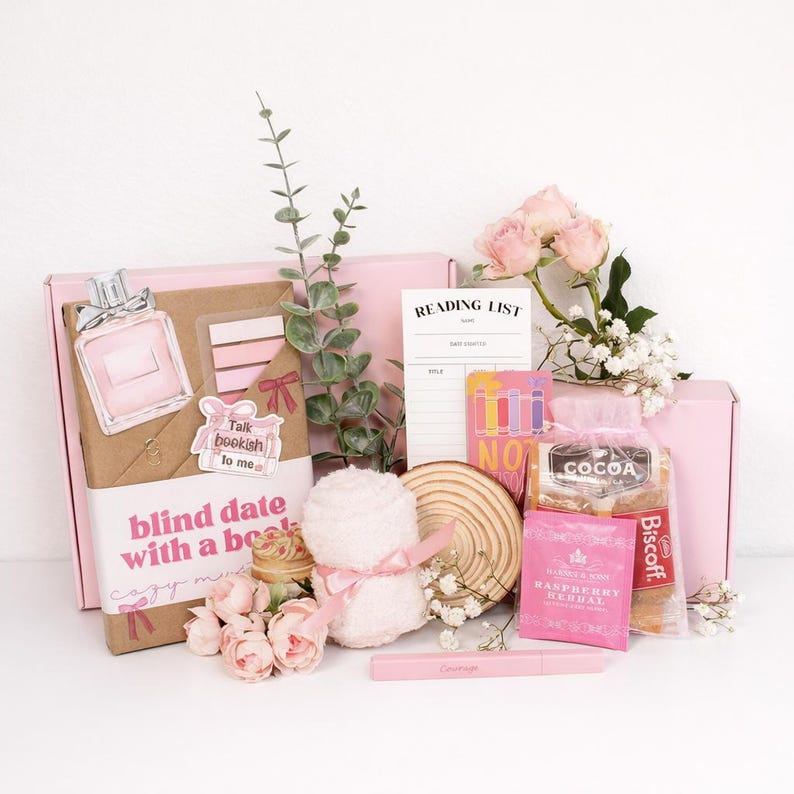 Blind date with a book box styled as a luxury book gift box and book mystery box for women, featuring wrapped mystery book, book bundle details, blind book box aesthetic, bookish bundles, and book accessories for book lover gifts, perfect gift box for women and date night with a book experience.