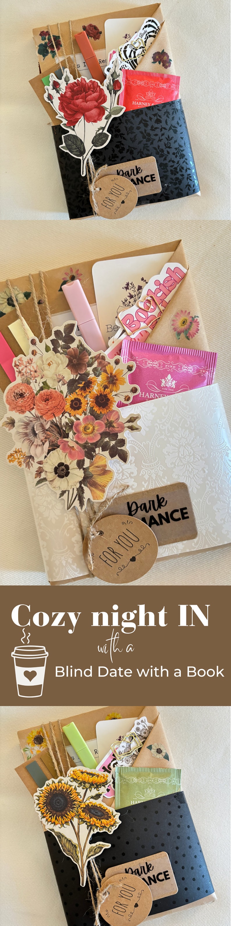 May include: A 'Blind Date with a Book' gift set, featuring a book, tea, and other small gifts. The set is decorated with floral stickers, tags, and twine. The text on the tag says 'For You' and 'Dark Romance'.