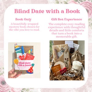 May include: A gift box and a book package are displayed. The gift box includes a book, a bookmark, and other items. The book package includes a wrapped book and decorations. Text on the image reads "Blind Date with a Book."