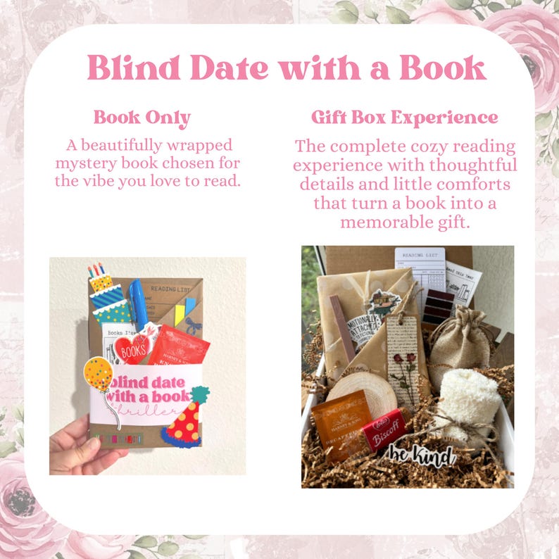 May include: A gift box and a book package are displayed. The gift box includes a book, a bookmark, and other items. The book package includes a wrapped book and decorations. Text on the image reads "Blind Date with a Book."