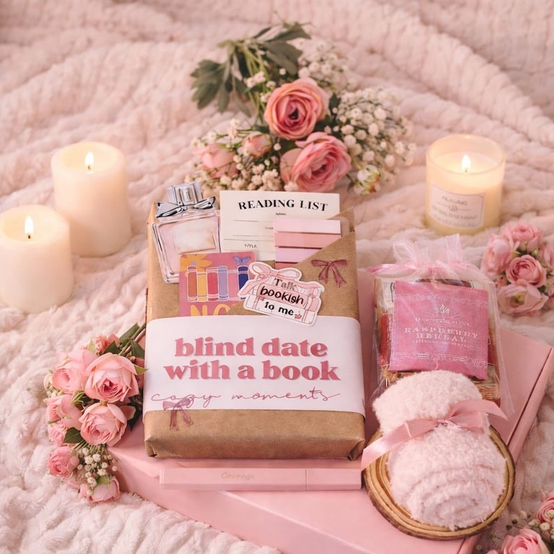 Blind date with a book box styled as a luxury book gift box and high demand book mystery box for women, featuring wrapped mystery book, curated book bundle presentation, blind book box aesthetic, and date night with a book vibe, perfect book lover gift box and thoughtful book gift for readers.