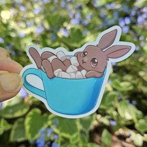 Sticker lapin tasse de cacao | Autocollant drôle mignon de lapin de chocolat chaud | Autocollant découpé en vinyle mat pour bouteille d'eau, téléphone portable ou journal
