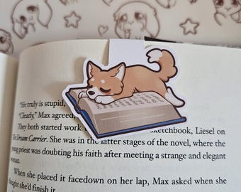 Marcapáginas magnético de cachorro: Corgi, lector soñoliento y lector, laminado, impresión a doble cara