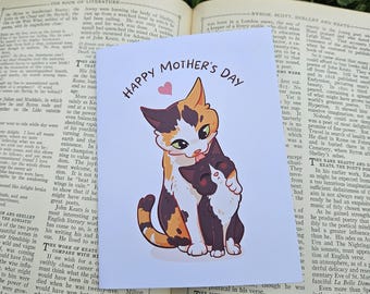Mother's Day Cat Card: Mom Cat with Kitten Illustration, Colourful Envelope Option