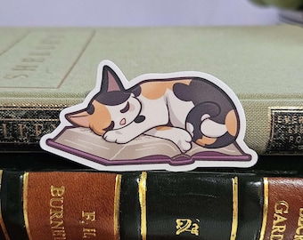 Sleepy Book Cat Sticker: Cozy Bookish Calico or Tabby, Waterproof Die Cut Vinyl Sticker
