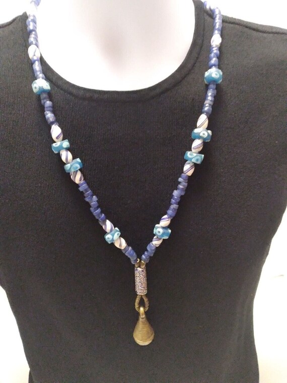 Vintage African Glass Trade Beads Necklace, Blue S