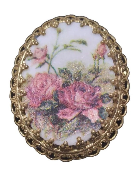 Vintage Germany Mid Century Pink Roses Oval Prong 