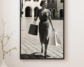 Vintage Glamour Woman Shopping – Black and White Retro Fashion Photography Print – Digital Download