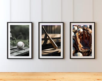 Vintage Baseball Art Prints: Glove, Bat, Ball (Digital Download Set of 4)