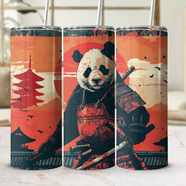 Samurai Panda Tumbler Wrap, Digital Download, Warrior Animal, Japanese Sunset, Custom Mug Design, Printable Cup Graphics, Unique Gift Idea