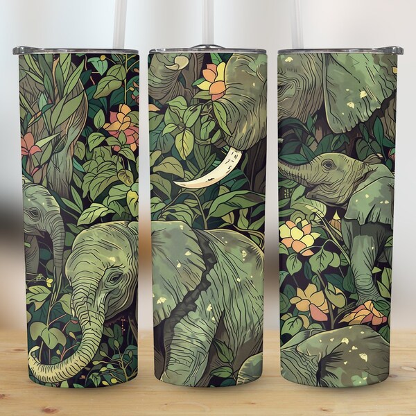 Jungle Elephants Tumbler Wrap, Exotic Wildlife, Green Tropical Leaves, Floral Elephant Design, Reusable Tumbler Accessory