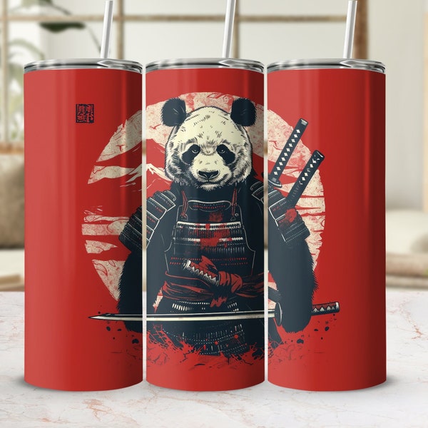 Samurai Panda Tumbler Wrap, Digital Download, Warrior Bear Cup Design, Printable Samurai Art, Red Asian-Inspired Tumbler Graphic